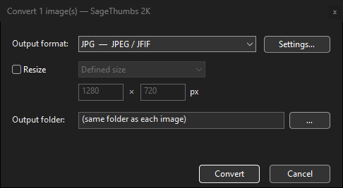 The SageThumbs 2K Convert dialog — output format, resize, per-format quality and output-folder options
