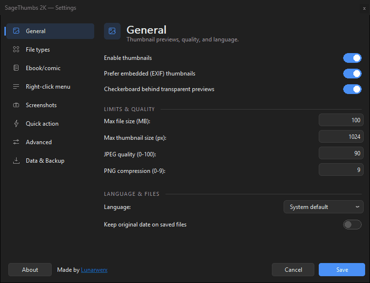 The SageThumbs 2K Settings window cycling its category tabs — a Win11-style nav rail, toggle switches, and system-following dark mode